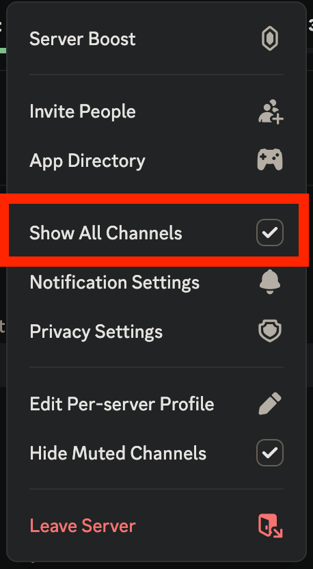 Show All Channels option in server menu