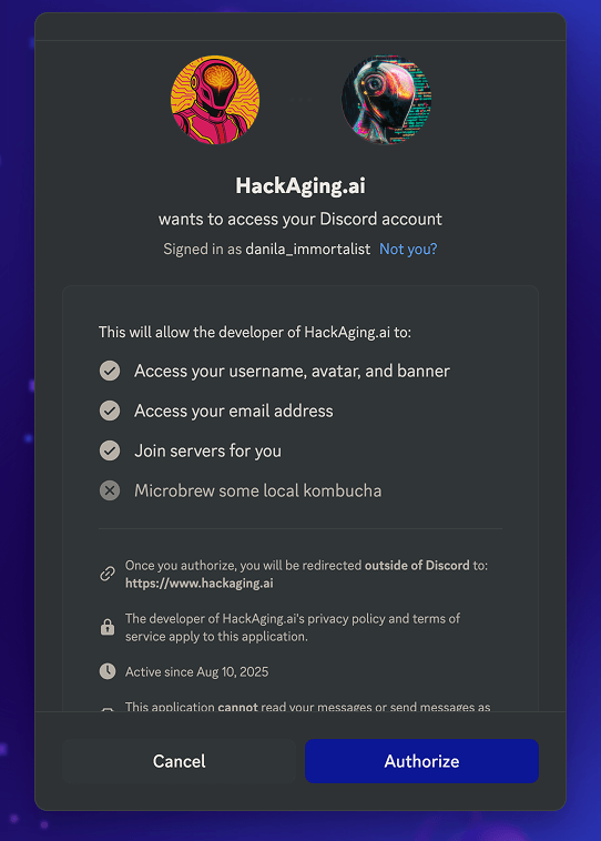 Discord OAuth authorization screen for HackAging.ai bot showing permissions and Authorize button