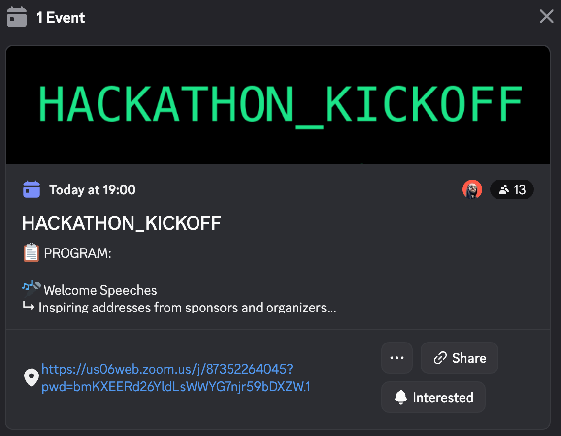 Hackathon Kickoff event details with program and Zoom link