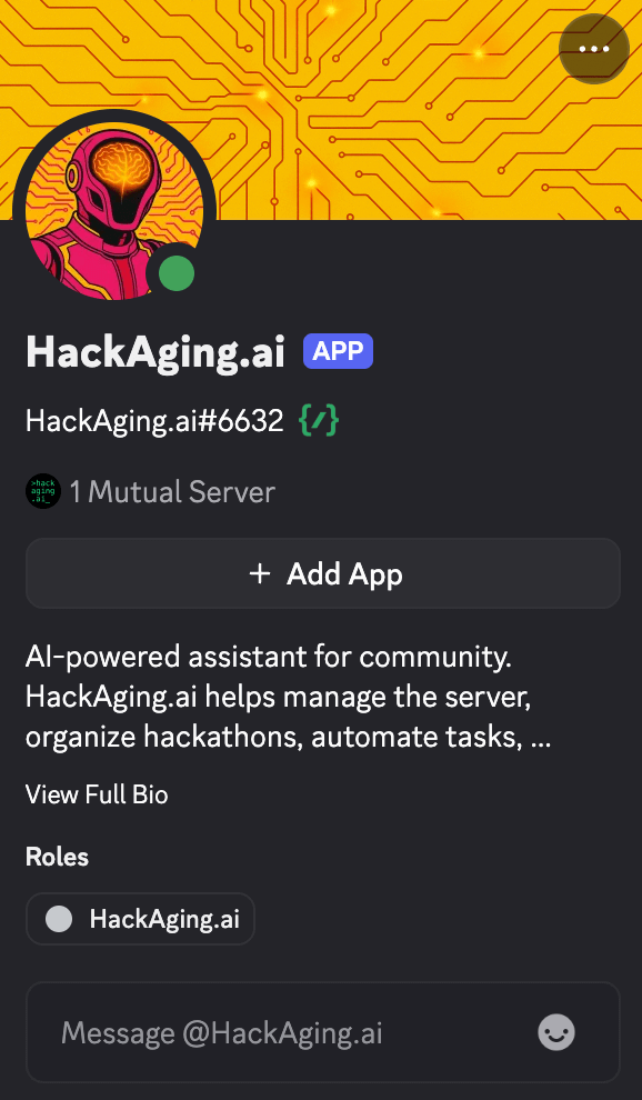 HackAging.ai Bot profile showing AI-powered assistant for community management